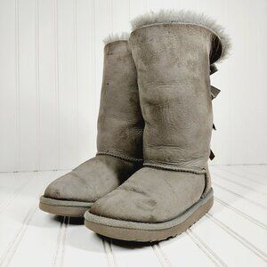 UGG Bailey Triple Bow Kids Grey Suede Faux Fur Winter Boots H619